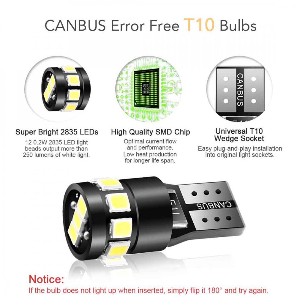 10 Pack T10/W5W 2835 SMD LED Lampe KaltWeiss mit CanBus – LeDTek