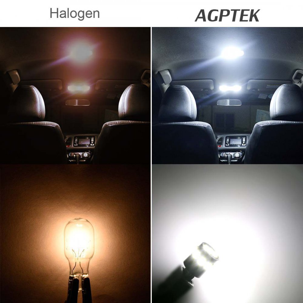 AGPTEK T10 W5W LED White Car Light Bulbs , Super Bright 194 168 2825 Wedge  LED Light Bulbs, 6000K Xenon White 2835 Chipset LED Replacement Bulbs for  Car Interior Dome Map Door