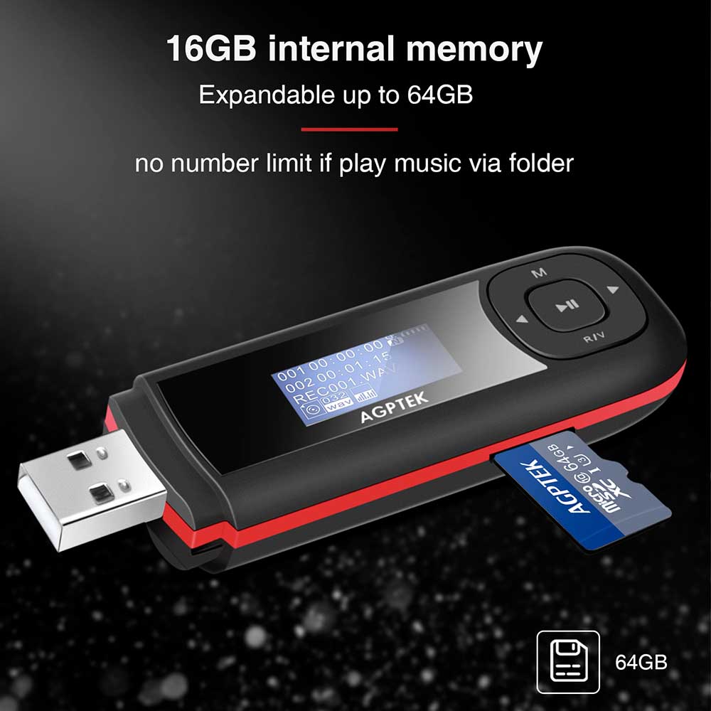 AGPTEK U3 16GB Portable USB MP3 Player with Recording FM Radio, Black | AGPTEK