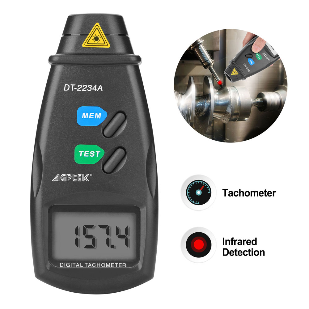 AGPTEK 20713A Digital Tachometer RPM Meter, Non Contact Rotation Photo, 2.5-99,999 RPM Accuracy, With Batteries Included,4 Pack of Reflective  Tape, Revision Instruction
