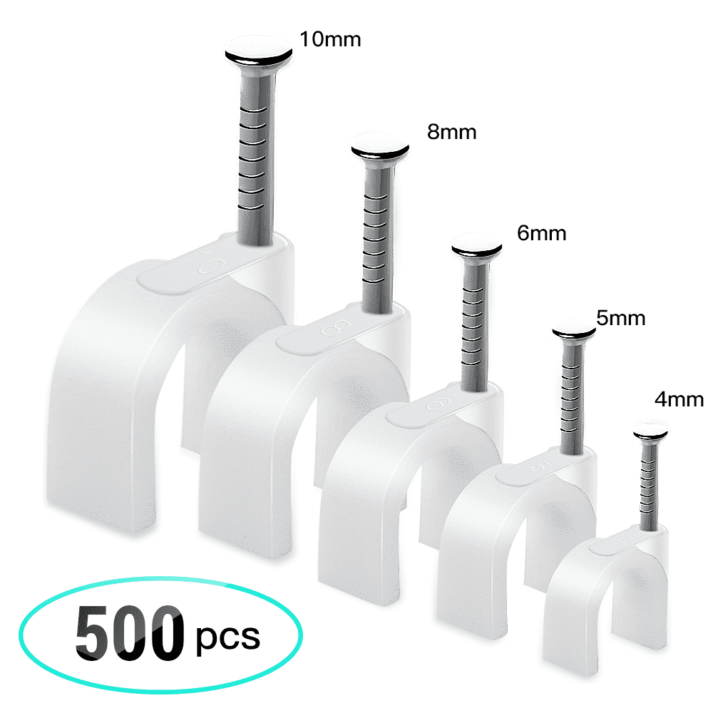AGPTEK 500pcs Cable Clips with Steel Nails 4mm 5mm 6mm 8mm 10mm cable  Management for RG6, RG59, CAT6, RJ45 Cable Coax Cable, Ethernet Cable, TV  Wire