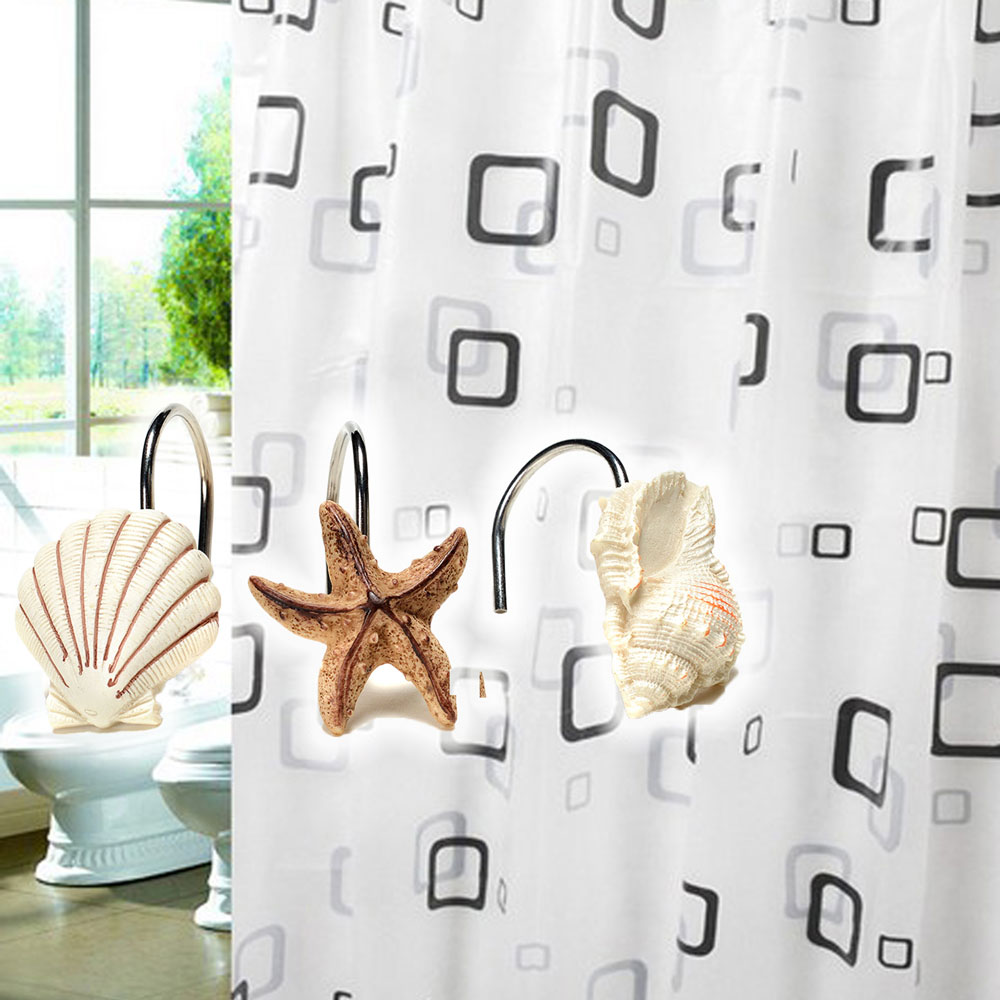 AGPtek 12PCS Shower Curtain Hooks Bathroom Home Fashions Seashell Anti Rust  Decorative Resin Hooks 