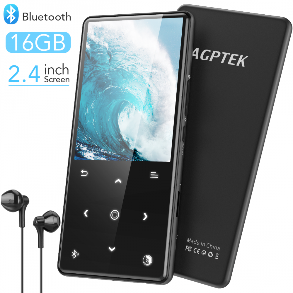 AGPTEK 16G Bluetooth MP3 Player Built-in Speaker with Headphones, Lossless  Sound Hifi Music Players with Break Point Memory, FM (Radio and Recording),  Support up to 128GB, Black